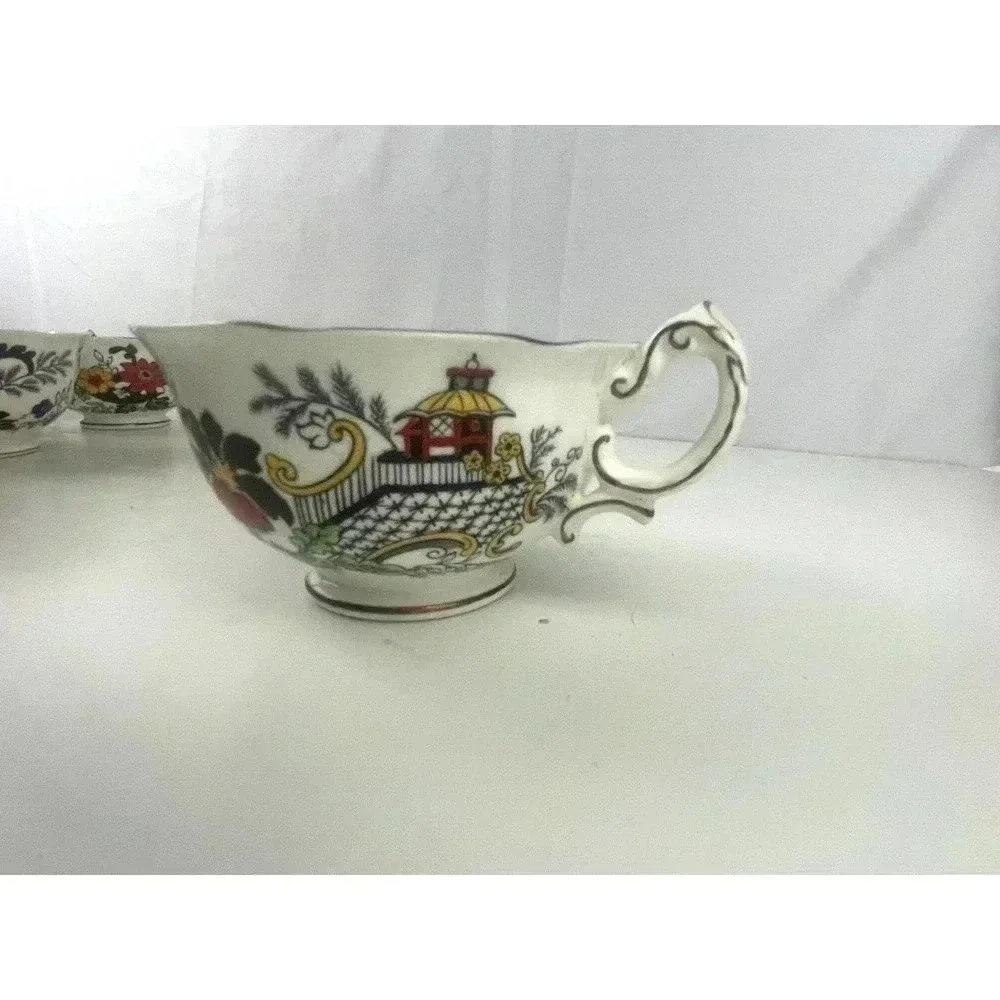 VTG Set of 7 Swansea Tea‎ Cups Floral Pattern Bone China Canton Gold Trim